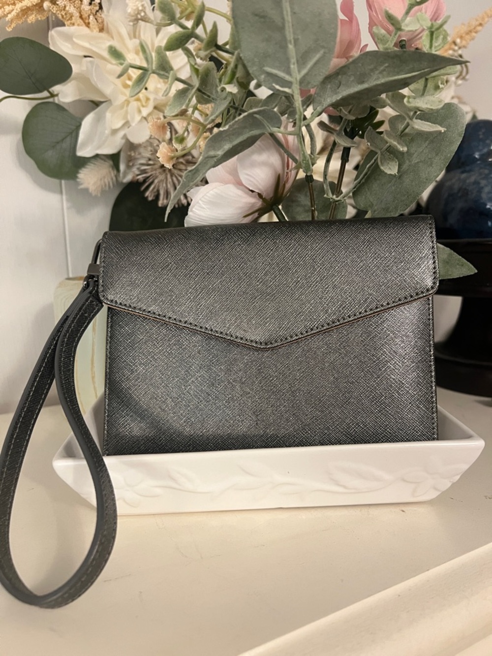 Halogen Leather Metallic Charcoal Wristlet Clutch